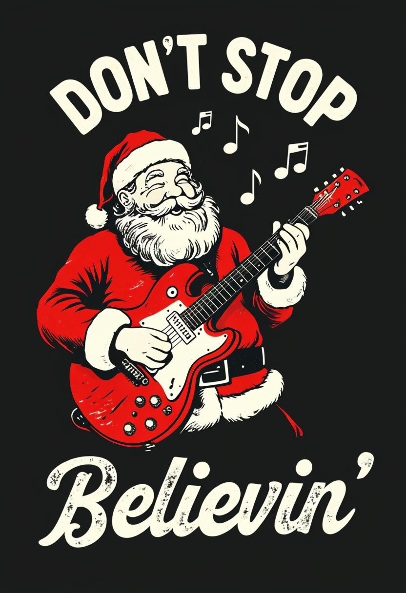 Festive Santa Claus Guitar Don't Stop Believin' T-Shirt