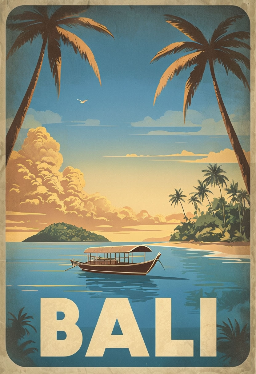 Serene Vintage Bali Tropical Travel Poster Illustration