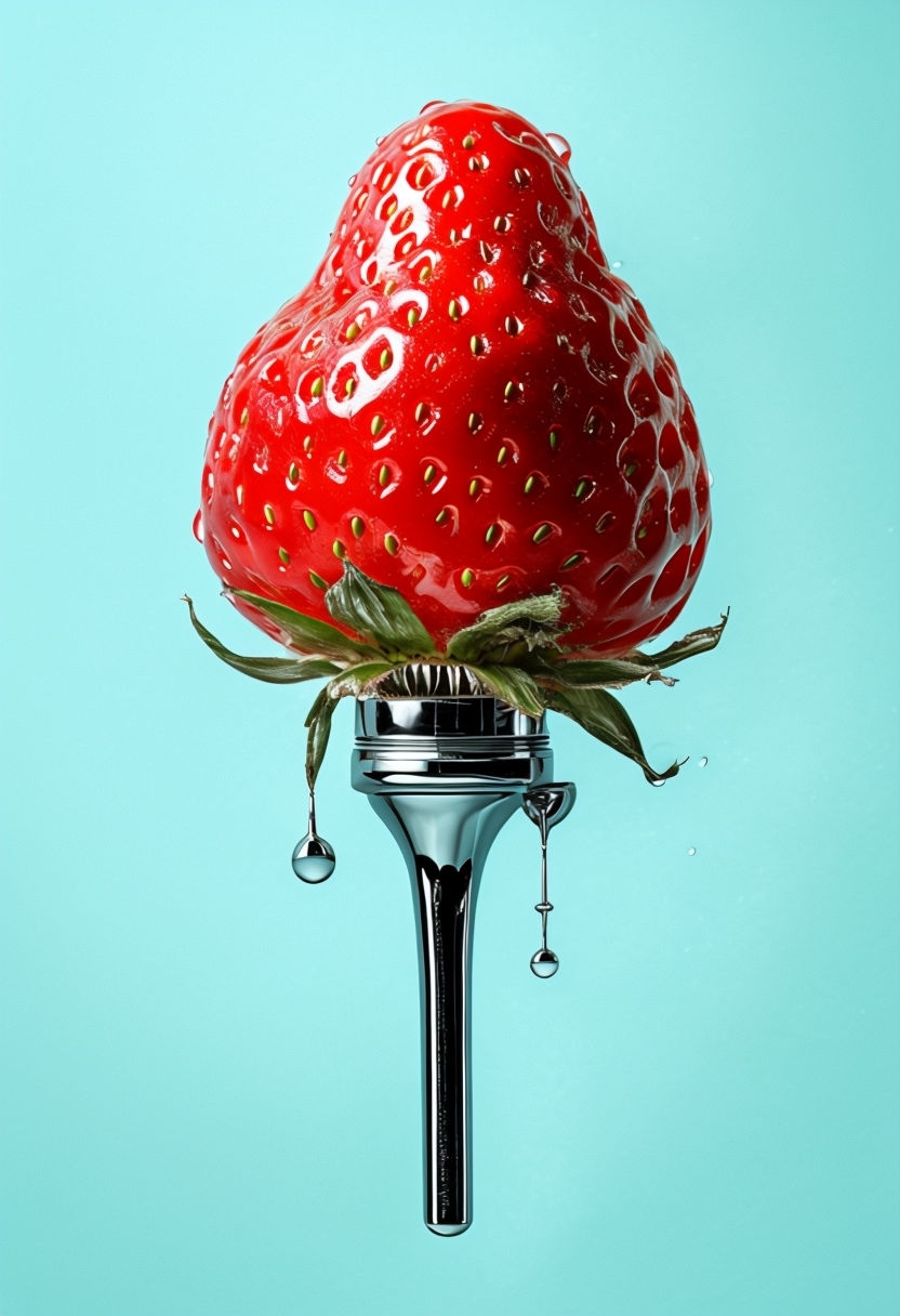 Surreal Perfect Strawberry with Chrome Stem Conceptual Art