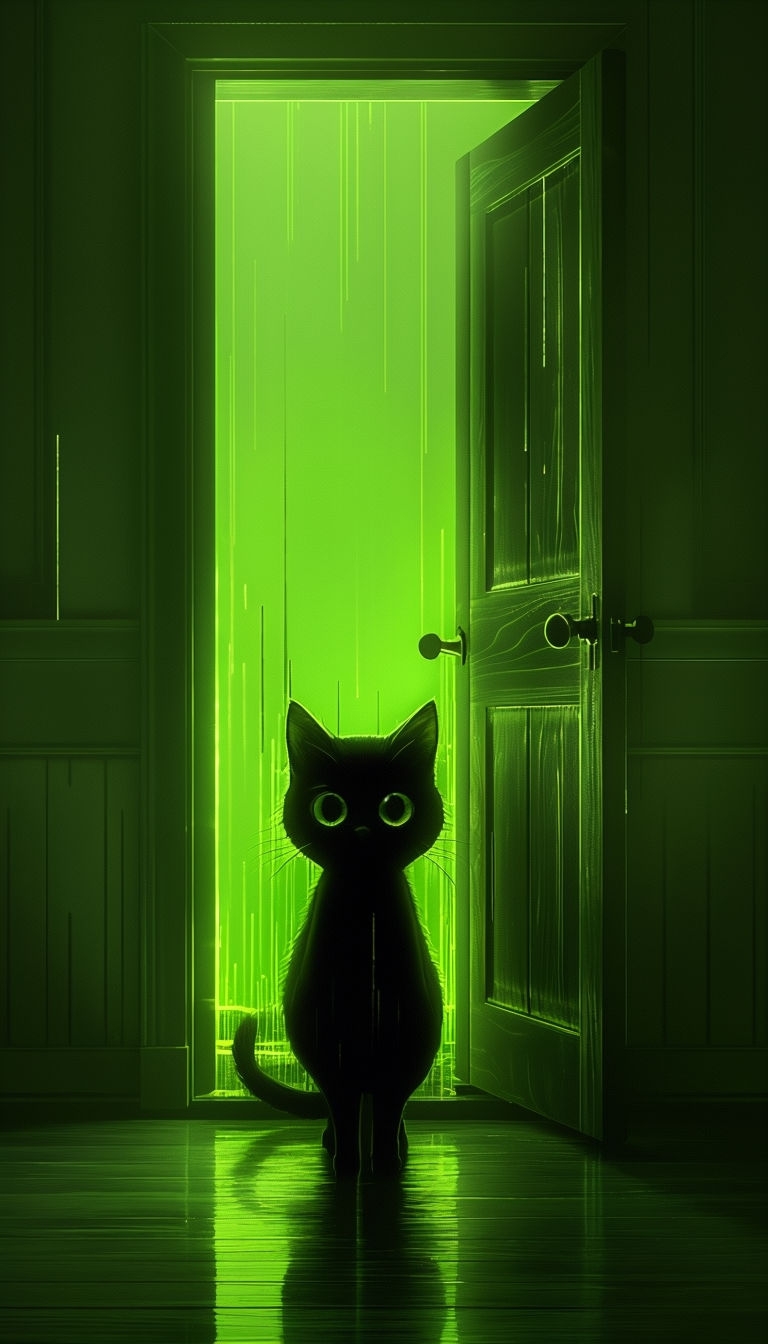 Eerie Green Glowing Cat in Front of Open Door Mobile Wallpaper