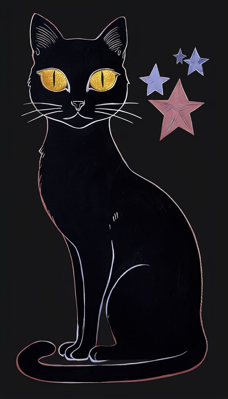 Sleek Black Cat with Gold Eyes and Stars Graphic Wallpaper