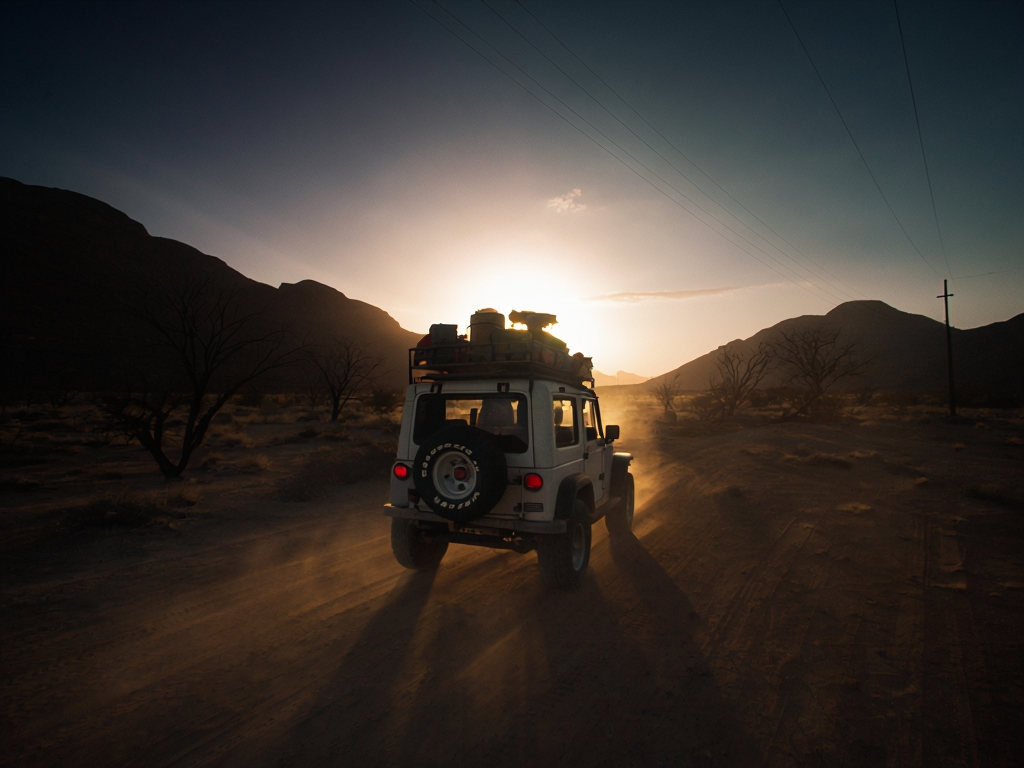 1980s Sunset Adventure: Jeep in El Paso Desert Scene