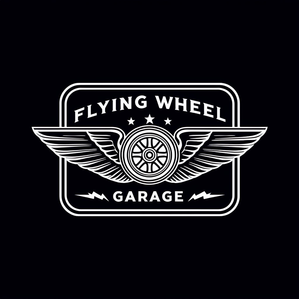 Vintage Monochrome Flying Wheel Garage Logo Design