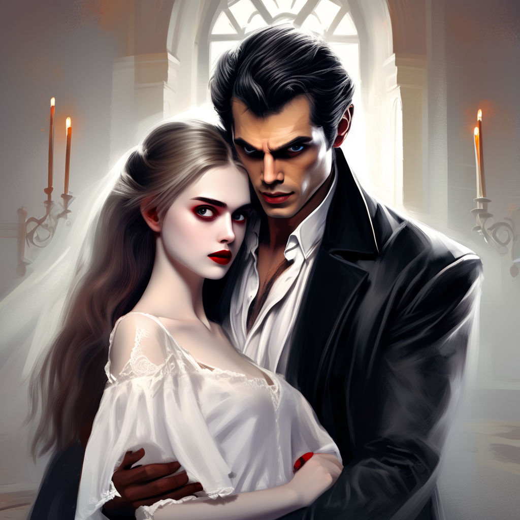 A real handsome vampire bites a pretty girl sitting on the c... by