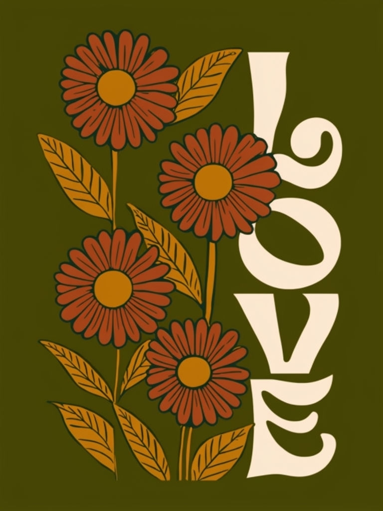 Vintage Floral Love Design on Olive Green T-Shirt