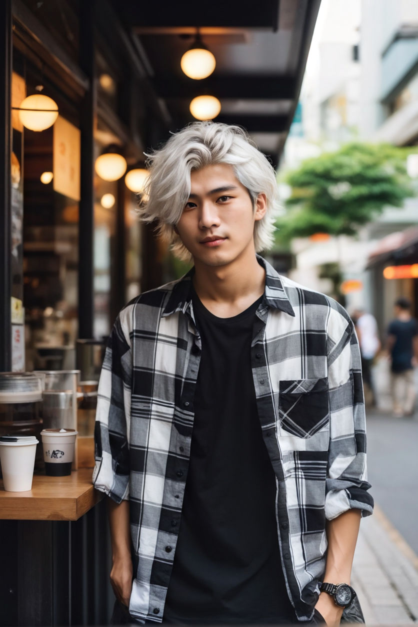 teenage boy with fluffy white hair