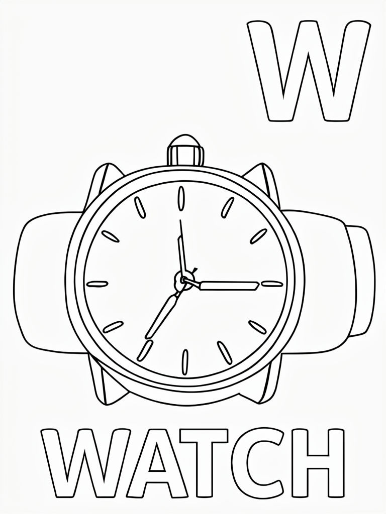 Educational Coloring Page Featuring the Letter W and a Watch Design Coloring Book Page