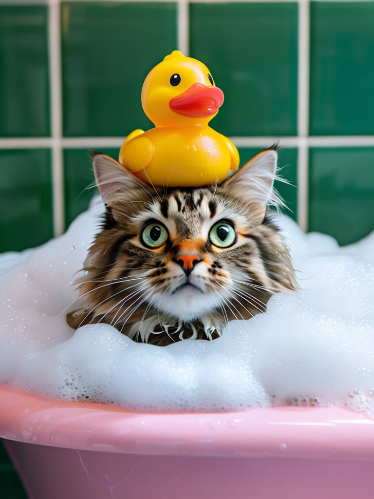 Whimsical Brown Tabby Cat in Bubbles with Rubber Duck Art