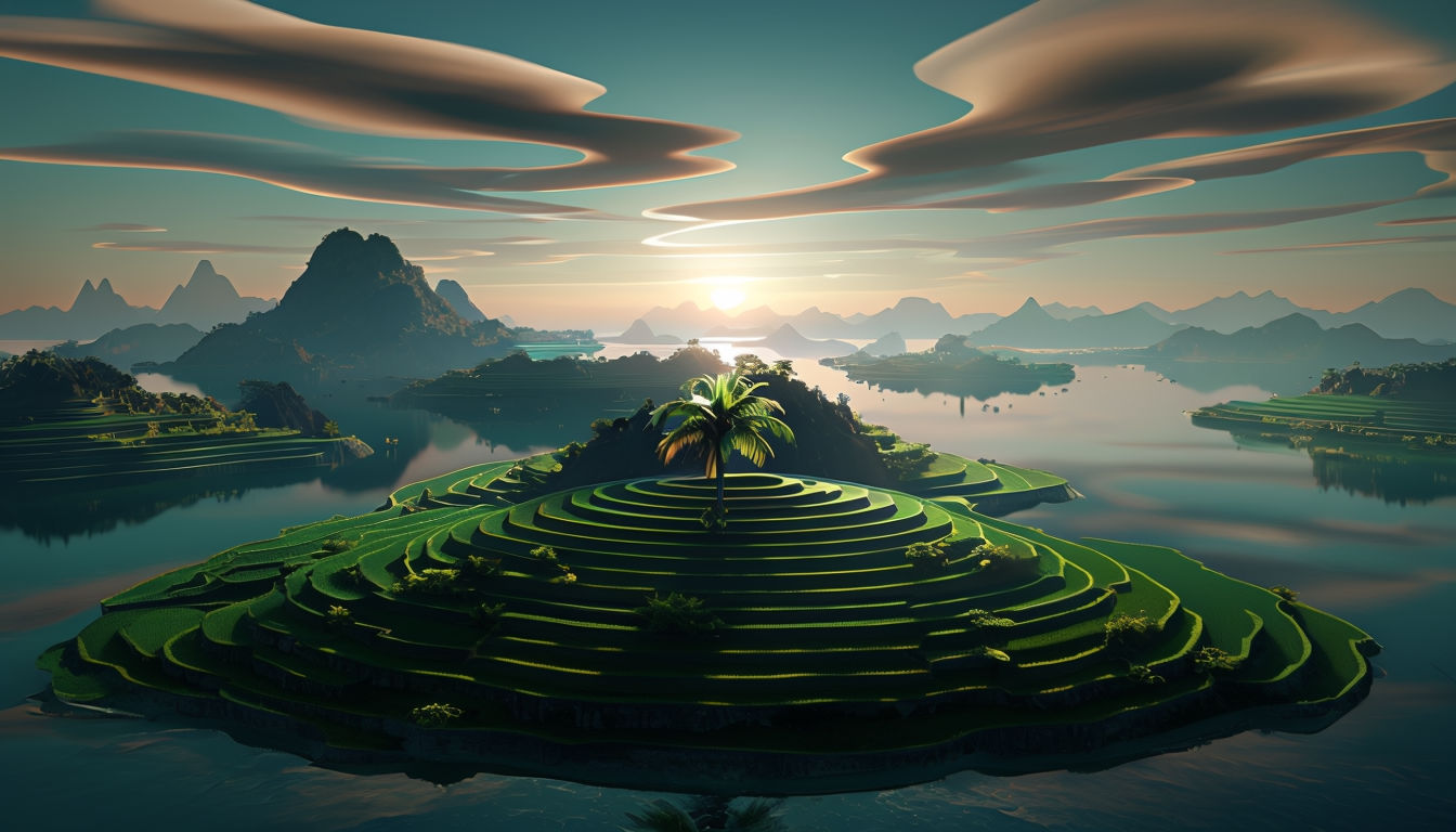 Surreal Fantasy Landscape at Sunrise with Terraced Rice Fields Art