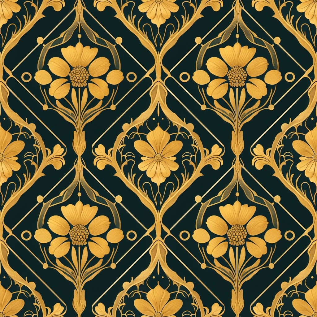 Ornate Art Nouveau Floral Pattern in Gold and Dark Green Seamless Pattern