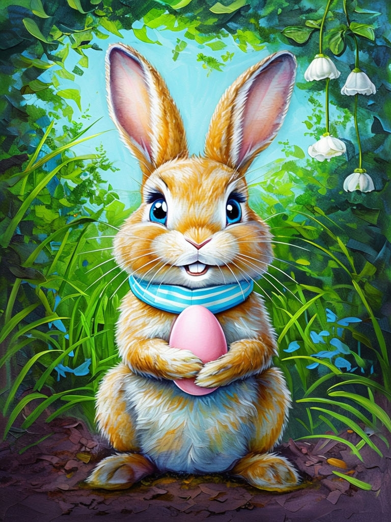 Whimsical Anthropomorphic Bunny Holding Pink Egg Painting Art