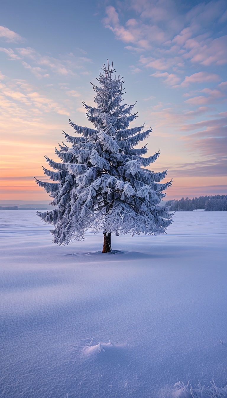 Serene Frosted Evergreen Tree in Snowy Landscape Wallpaper