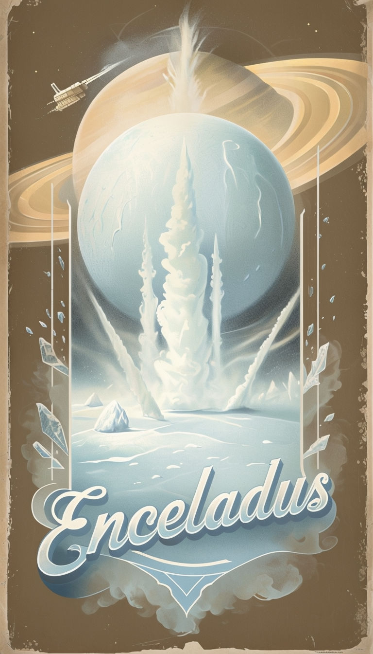 Vintage Travel Poster for Enceladus Featuring Ethereal Geysers and Saturn's Rings Poster