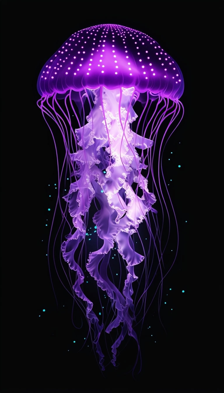 Ethereal Neon Jellyfish Illustration on Black Background Mobile Wallpaper
