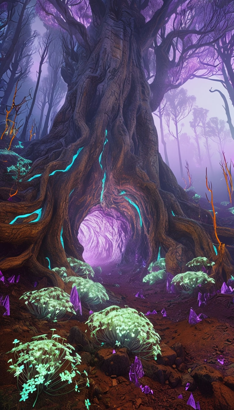 Enchanted Twilight Forest with Mystical Tree Mobile Wallpaper