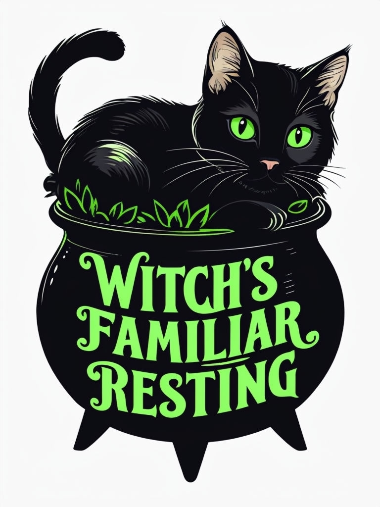 Black Cat in Cauldron with Green Eyes Sticker