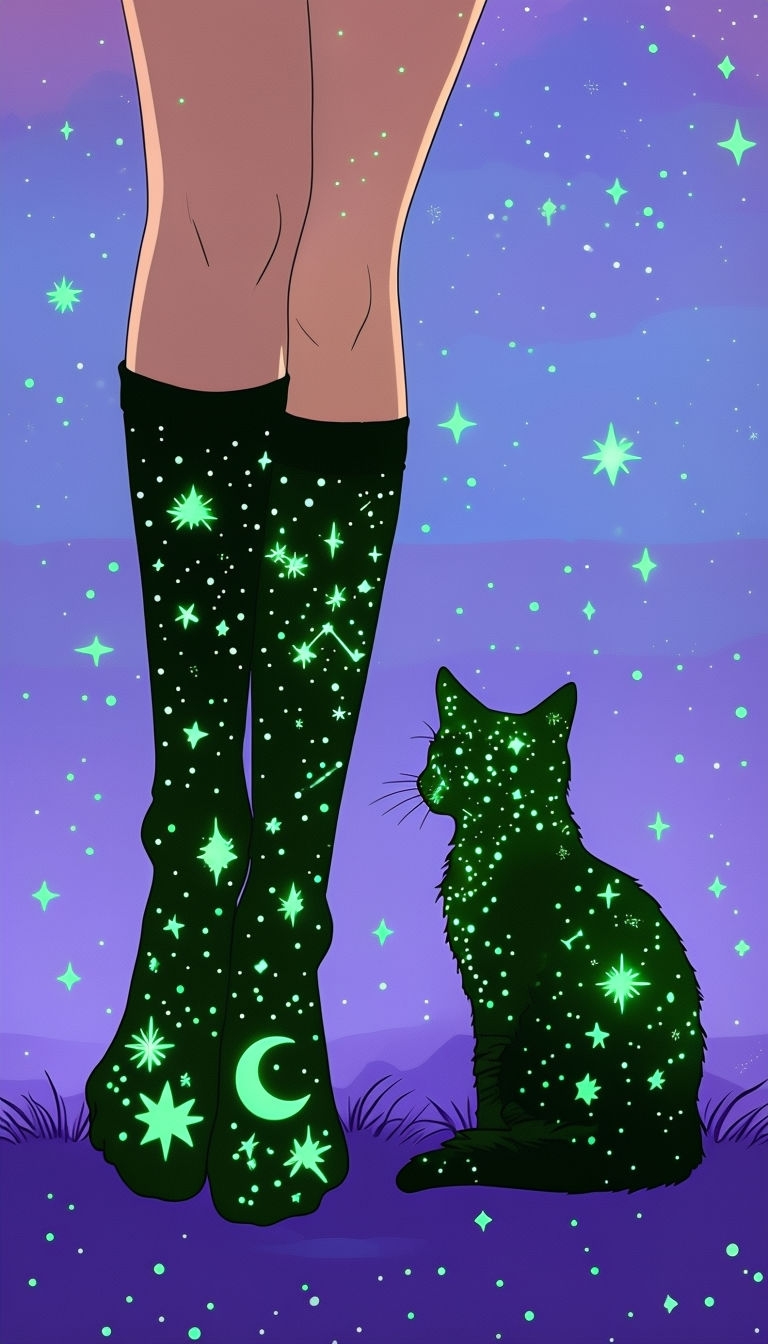 Whimsical Leg Warmers and Cat with Glowing Green Stars Mobile Wallpaper