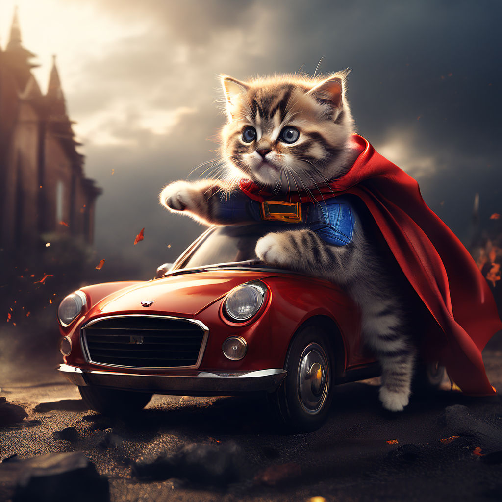 Kitten lifting a car over its head wearing a superhero cape by Logan Kitten lifting a car over its head wearing a superhero cape by Logan
