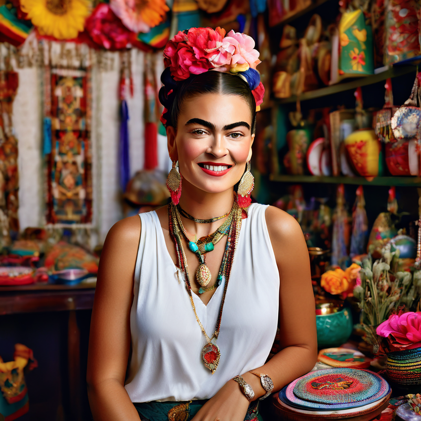 A smiling happy Frida Kahlo wearing a beautiful sleeveless a... by ...