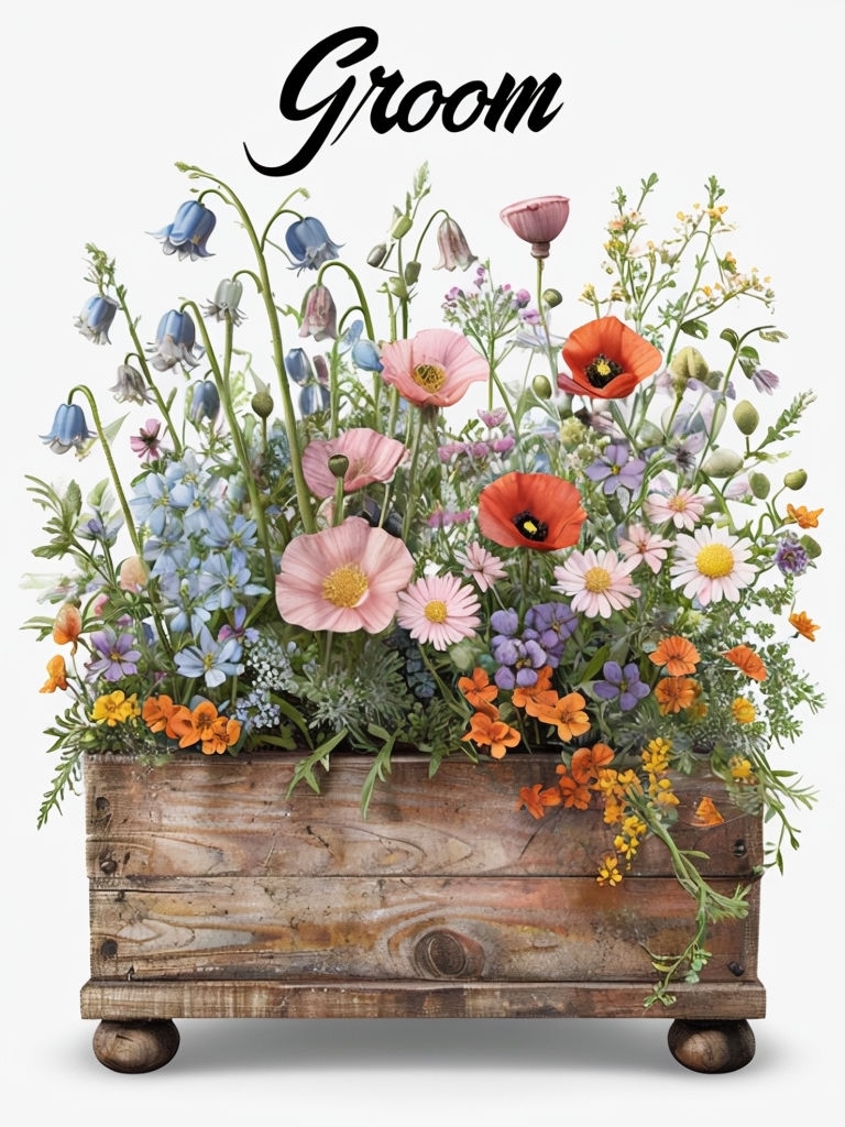 Groom Floral Arrangement in Rustic Wooden Planter Event Sign