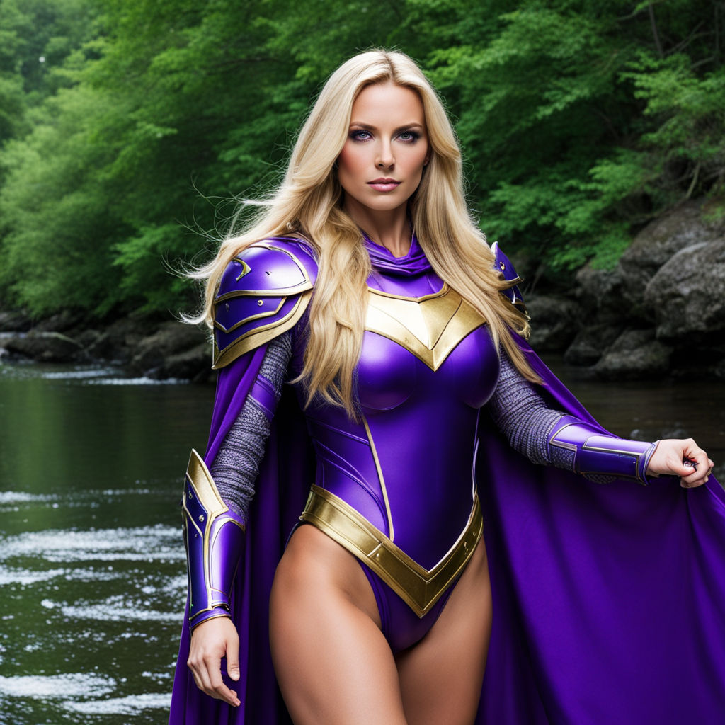 A superheroine in a violet latex leotard