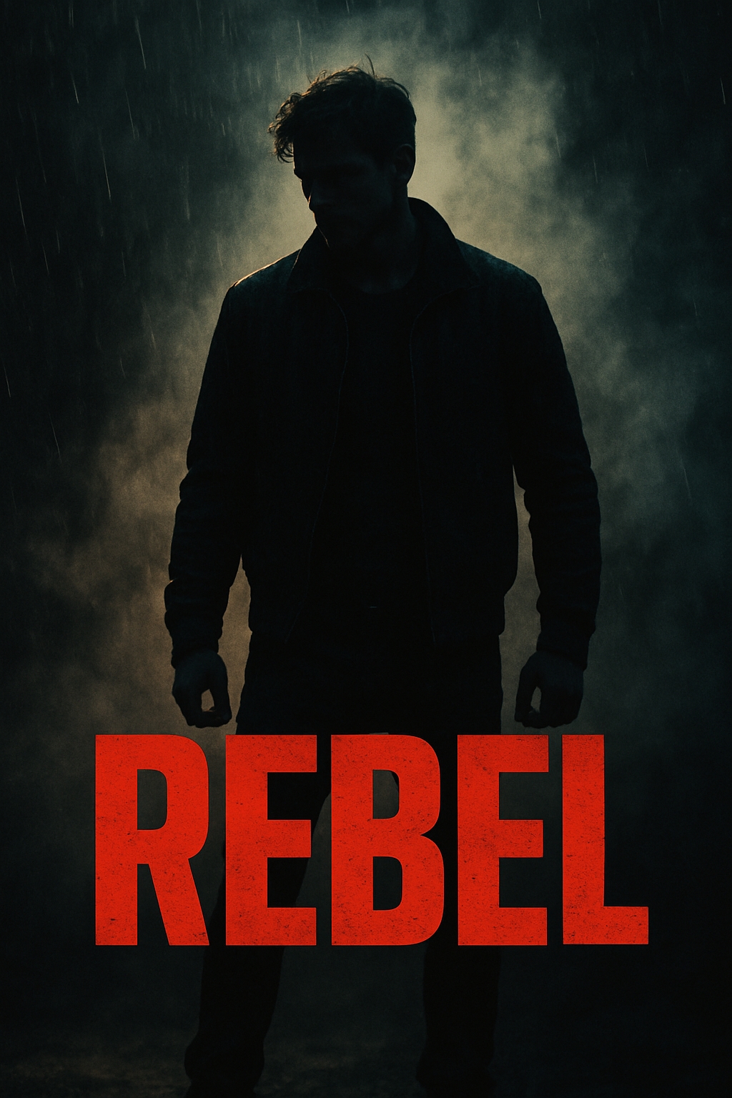 Dramatic Rebel Movie Poster with Dark Silhouette and Rain Effects