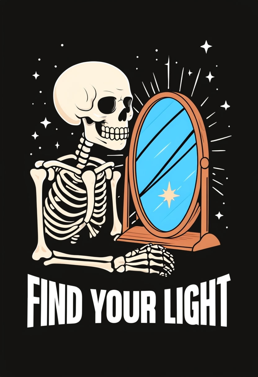 Cartoon Skeleton with Mirror Reflection and Text T-Shirt