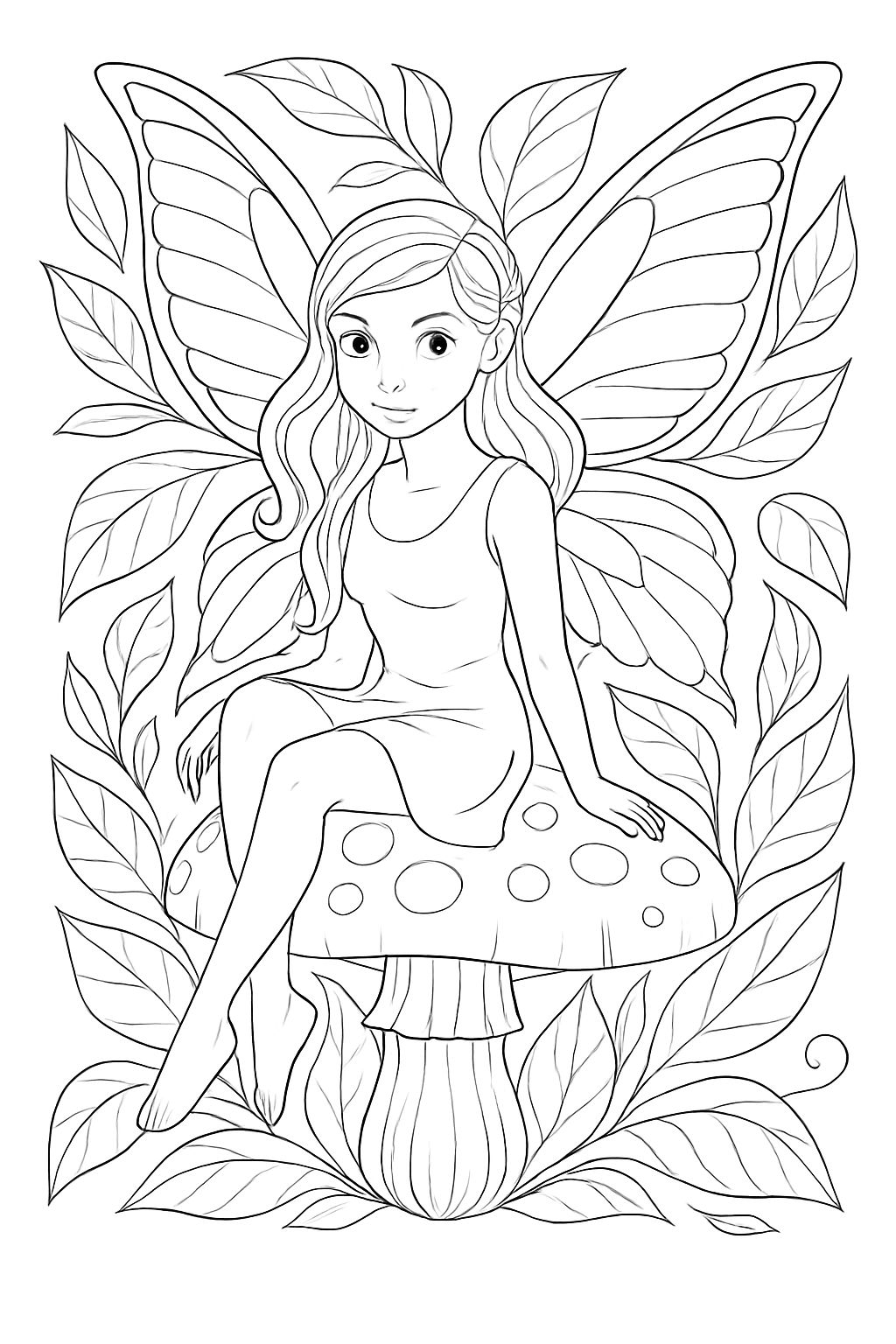 Whimsical Fairy Sitting on Mushroom Coloring Page Design