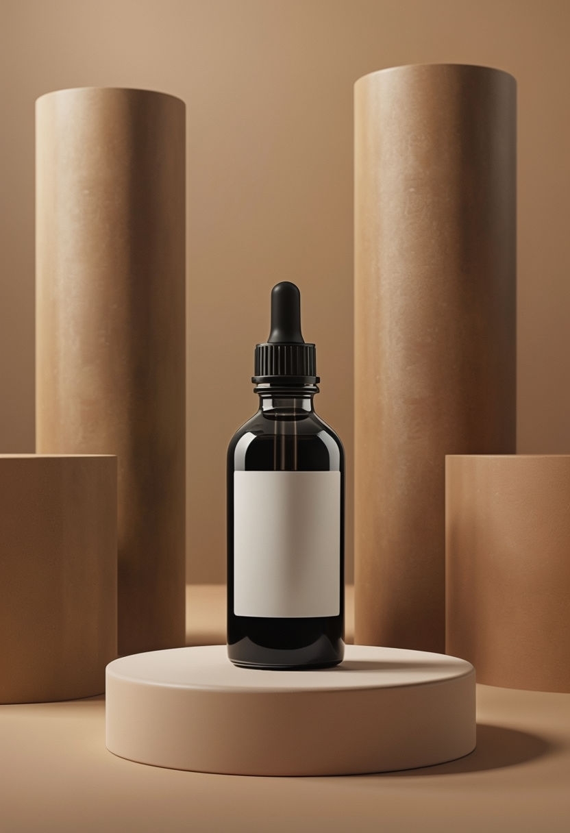 Minimalist Black Glass Bottle on Beige Podium Mockup