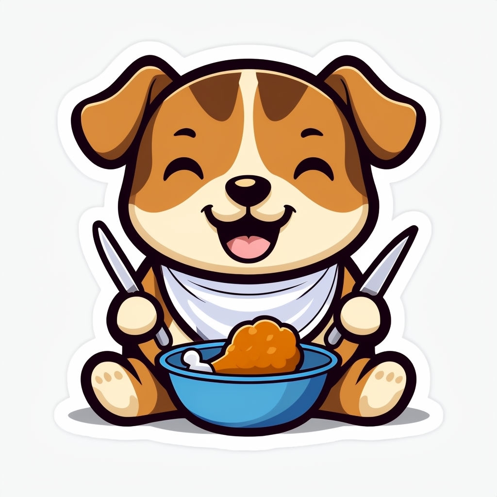 Cheerful Cartoon Dog with Utensils and Fried Chicken Sticker