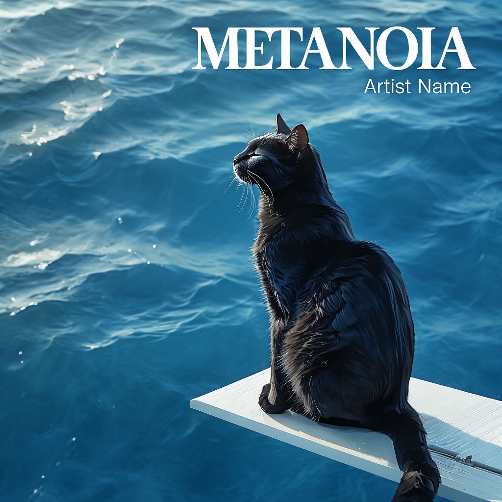 Sleek Black Cat on Diving Board Against Ocean Background Album Cover ...