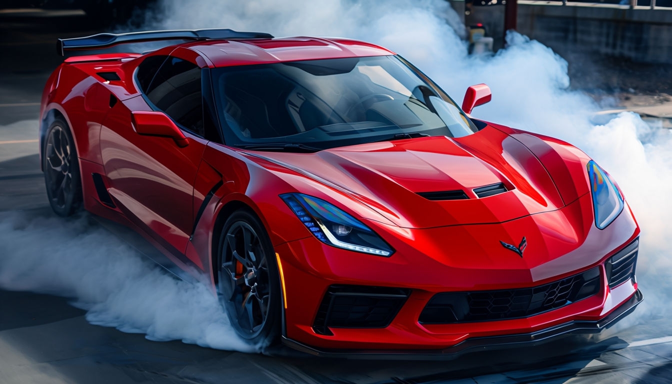Dramatic Red Sports Car Surrounded by Smoke Virtual Background