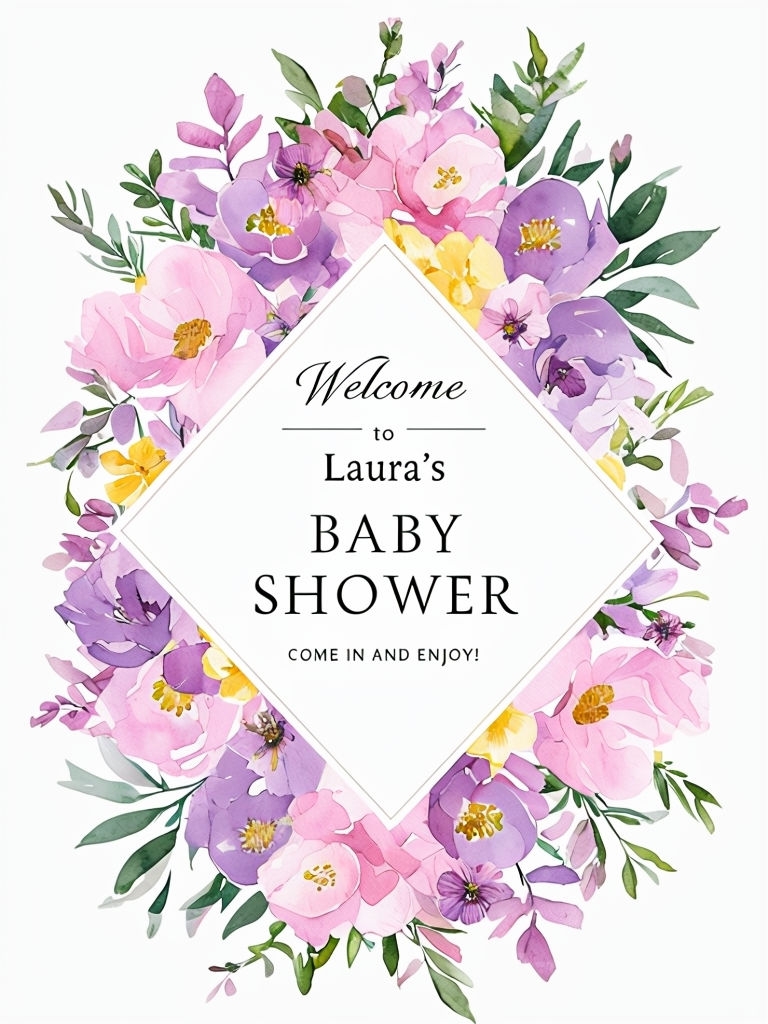 Elegant Floral Baby Shower Invitation with Welcome Text Event Sign