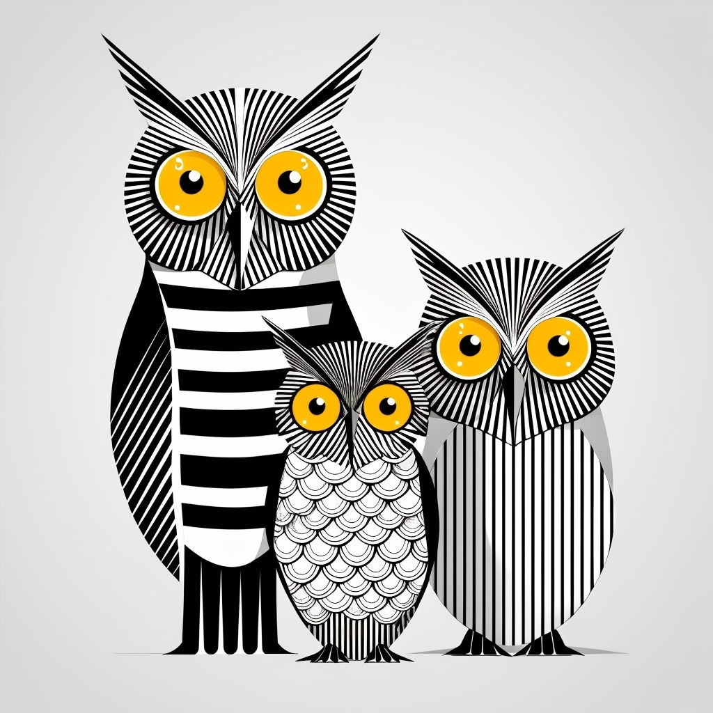 Abstract Black and White Stylized Owls Illustration T-Shirt