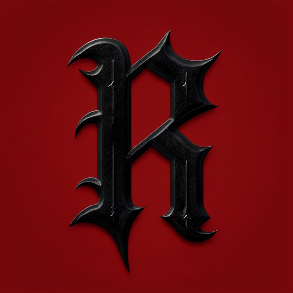 Bold Gothic Letter R Design on Crimson Background Monogram