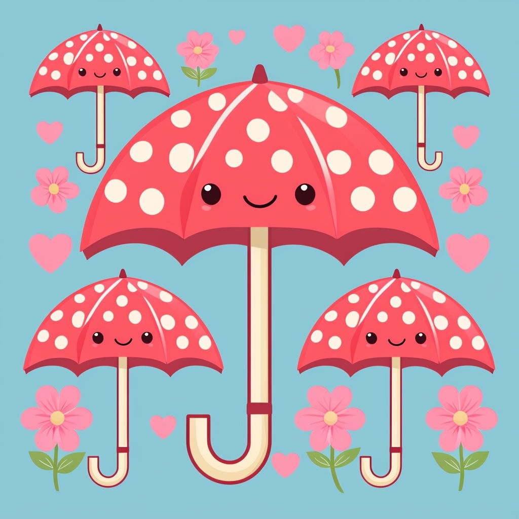 Cute Red Polka Dot Umbrellas with Smiling Faces Seamless Pattern