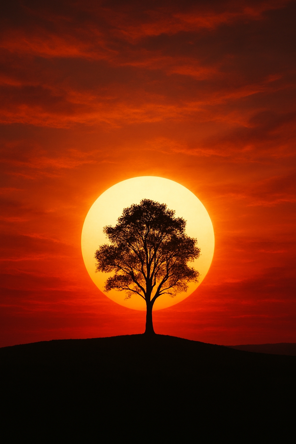 Dramatic Silhouette of a Tree Against a Fiery Sunset Sky Mobile Wallpaper