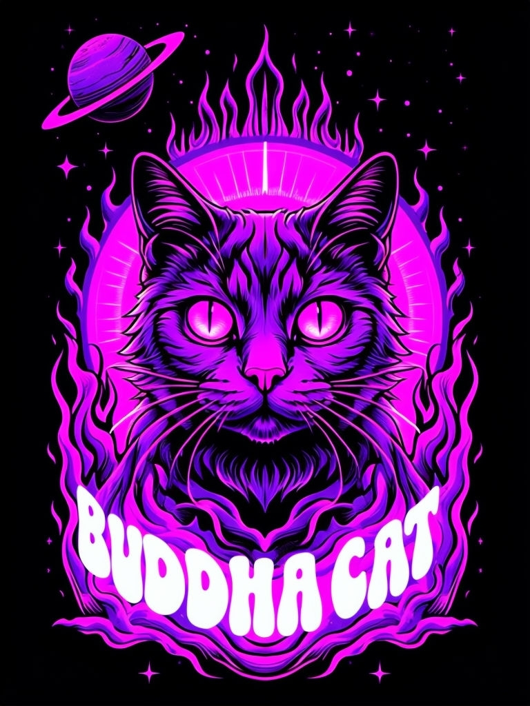 Psychedelic Black Cat with Neon Pink Aura and Cosmic Elements Poster