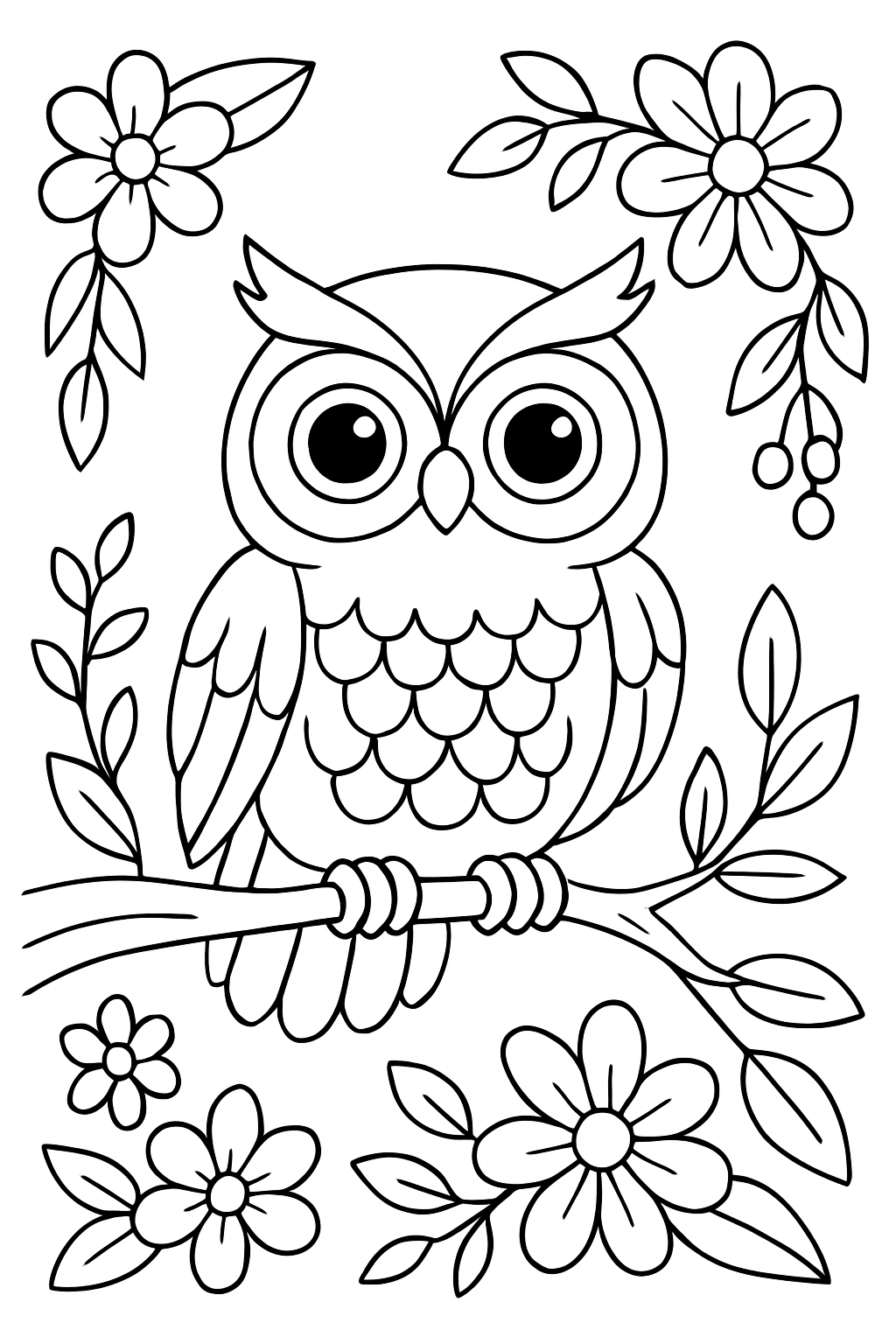 Cute Cartoon Owl on Branch with Flowers Coloring Page