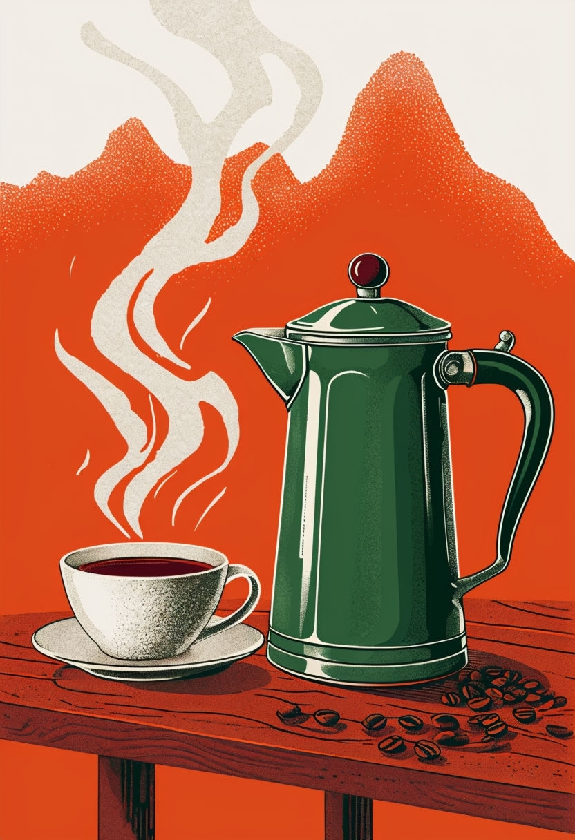 Vintage Forest Green Coffee Pot and Cup Illustration Art