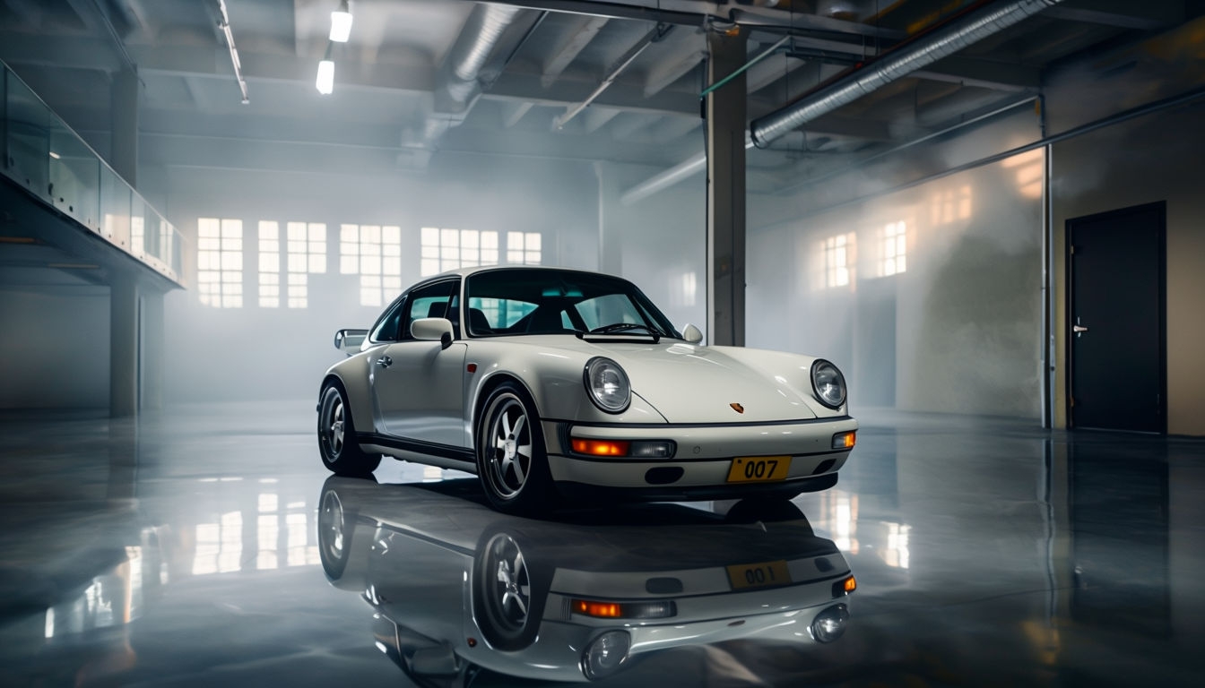 Sleek White Porsche 911 Carrera in Industrial Warehouse Background Virtual Backgrounds