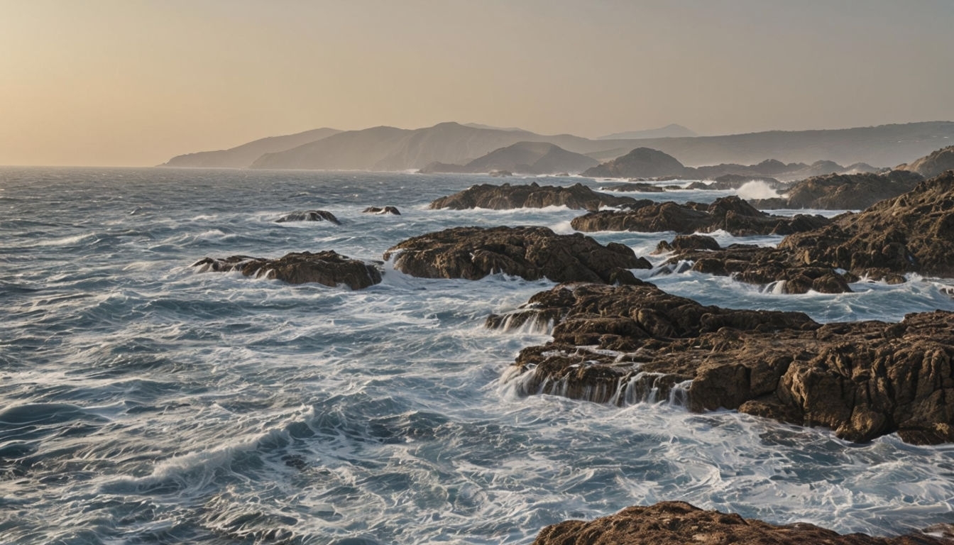 Rugged Coastal Landscape at Sunset with Turbulent Waves Virtual Backgrounds