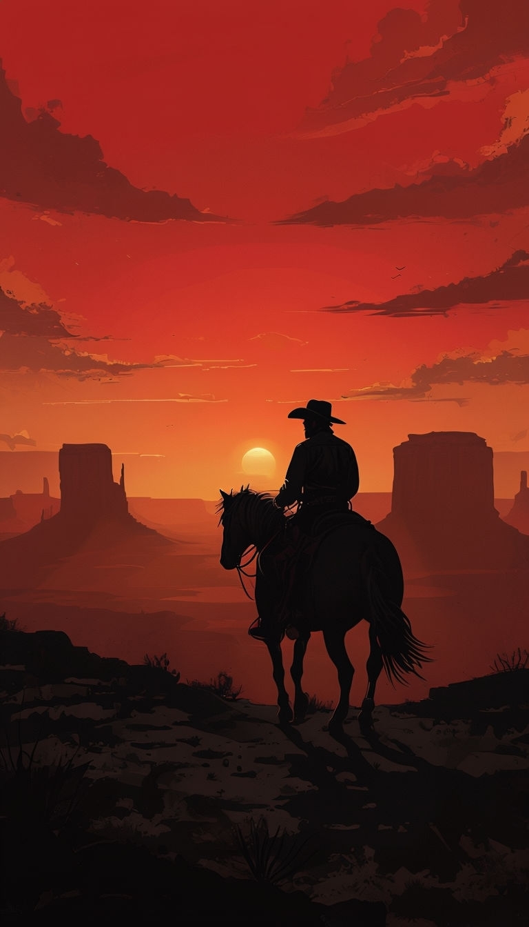 Dramatic Western Sunset with Cowboy Silhouette Mobile Wallpaper