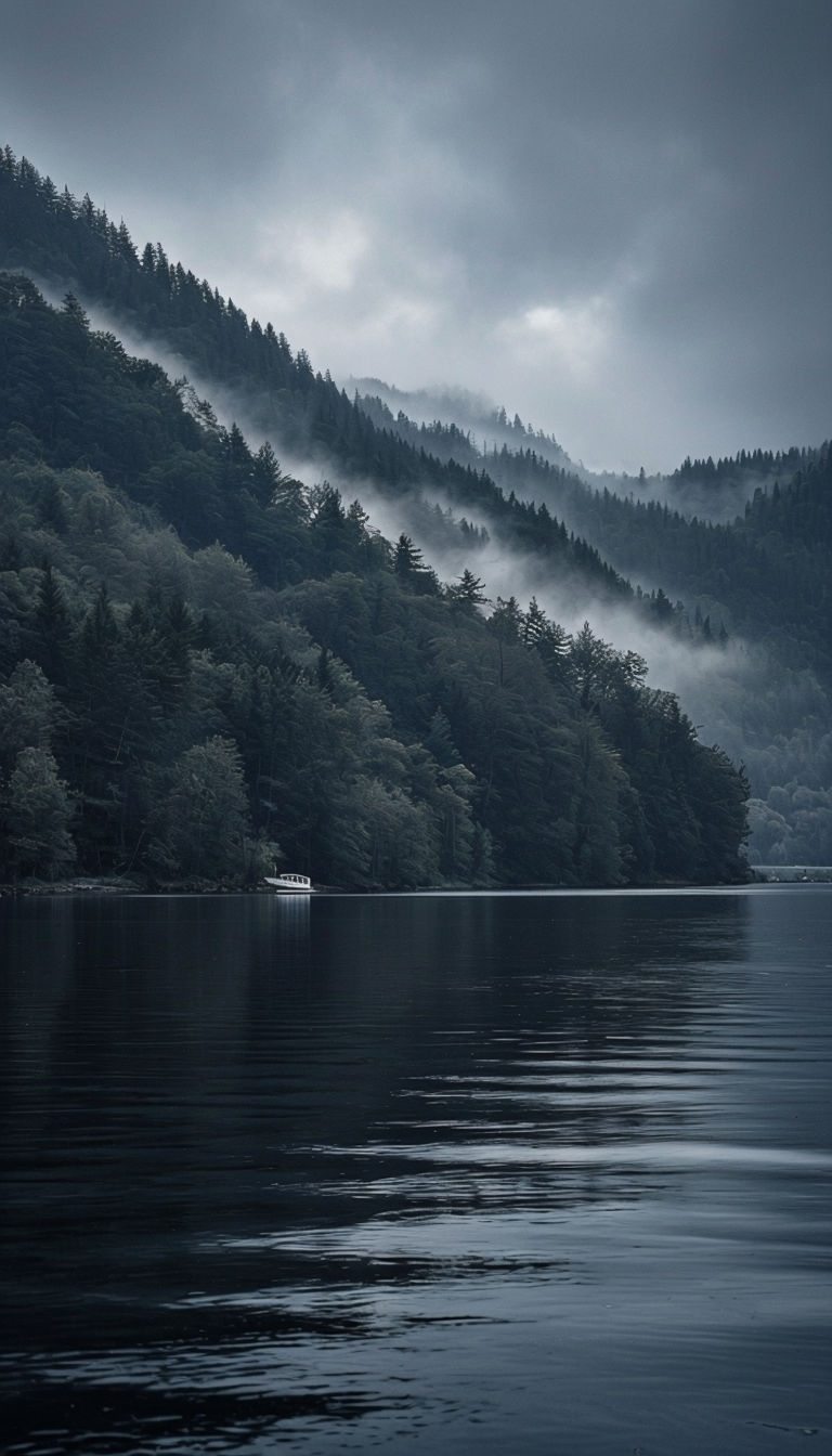 Tranquil Lake Surrounded by Forest Hills Under Overcast Sky Mobile Wallpaper