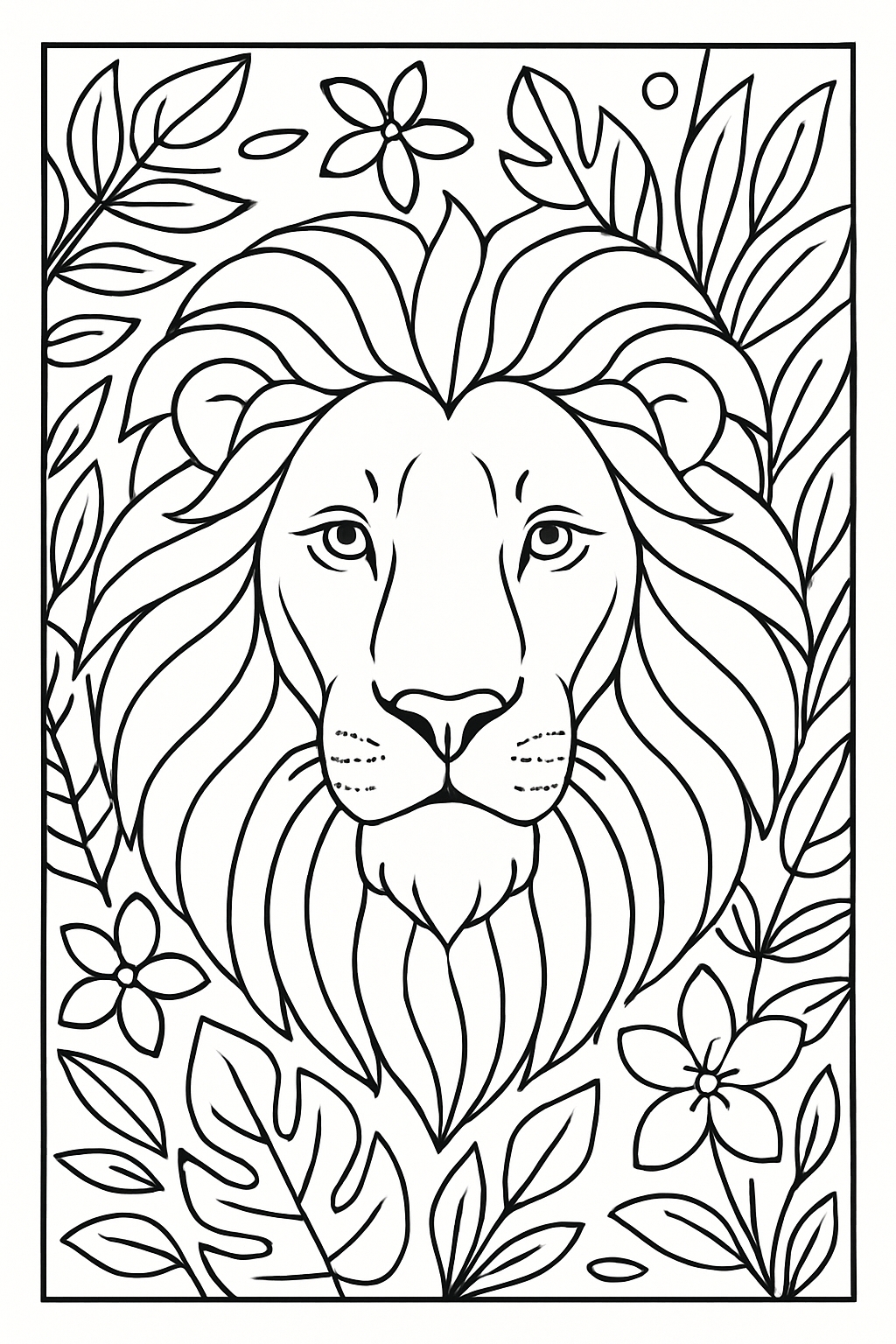 Majestic Lion Face Surrounded by Tropical Foliage Coloring Book Page