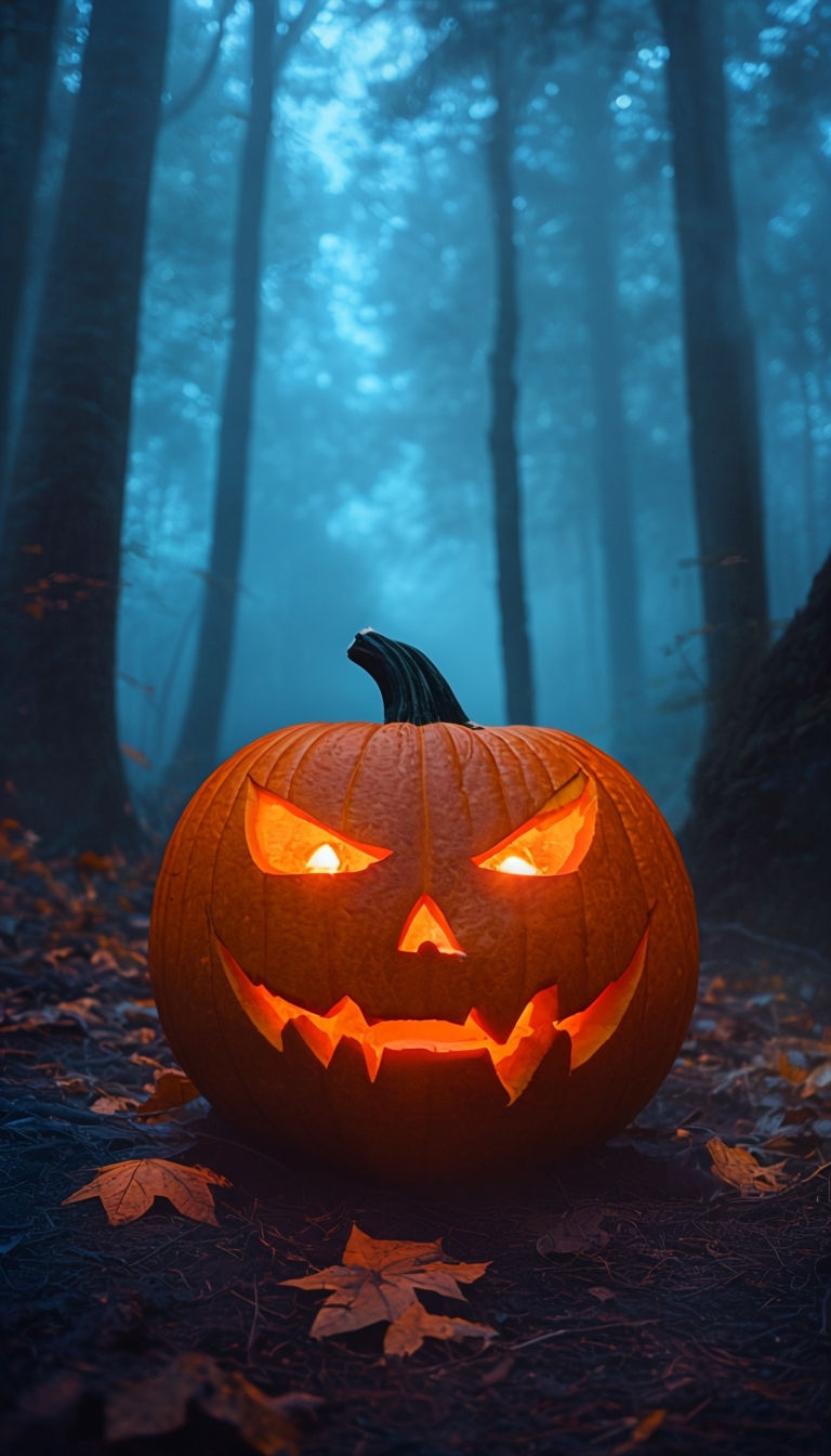 Eerie Glowing Jack-O'-Lantern in Spooky Forest Scene Poster