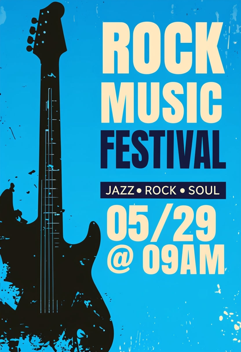 Vibrant Rock Music Festival Poster with Electric Guitar Design Flyer