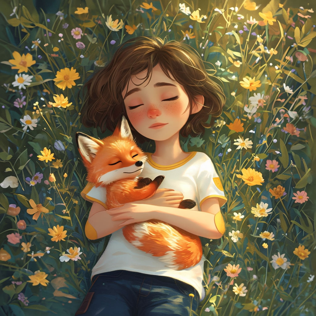 Whimsical Serene Girl and Fox in Wildflower Field Art