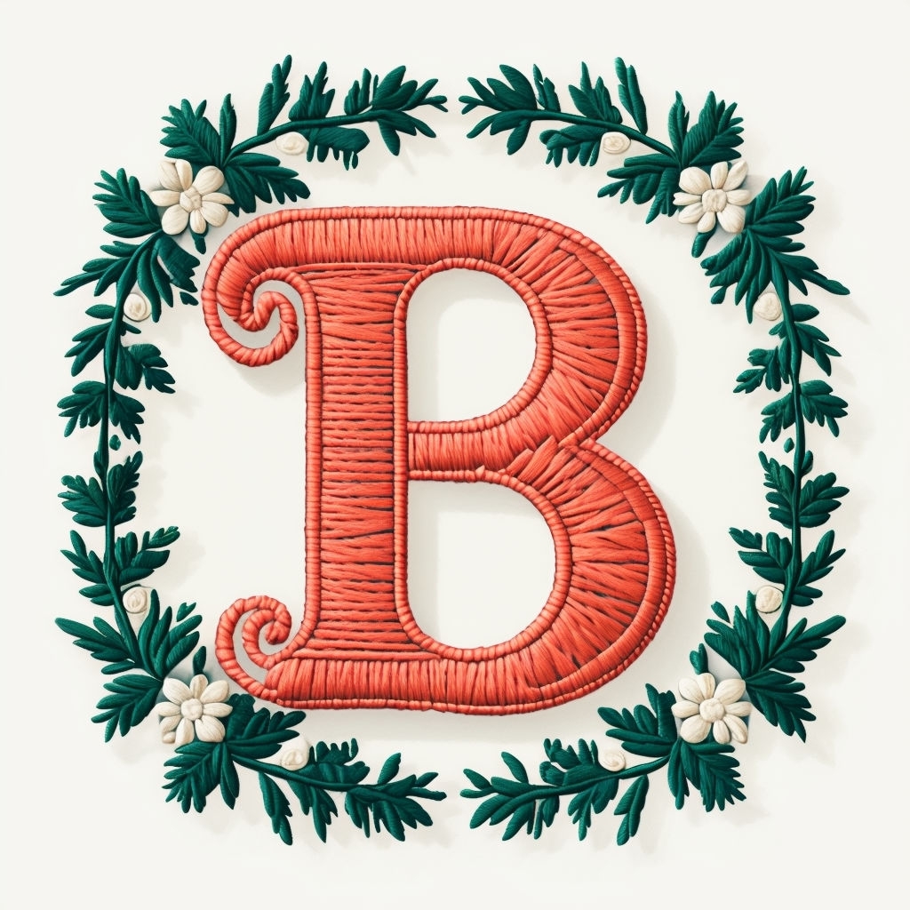 Vibrant Coral Red Hand-Embroidered B Monogram Design Artwork Monogram