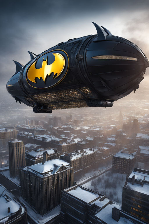 A batman airship flying over a modern snow city by Merianie Lanugon ...